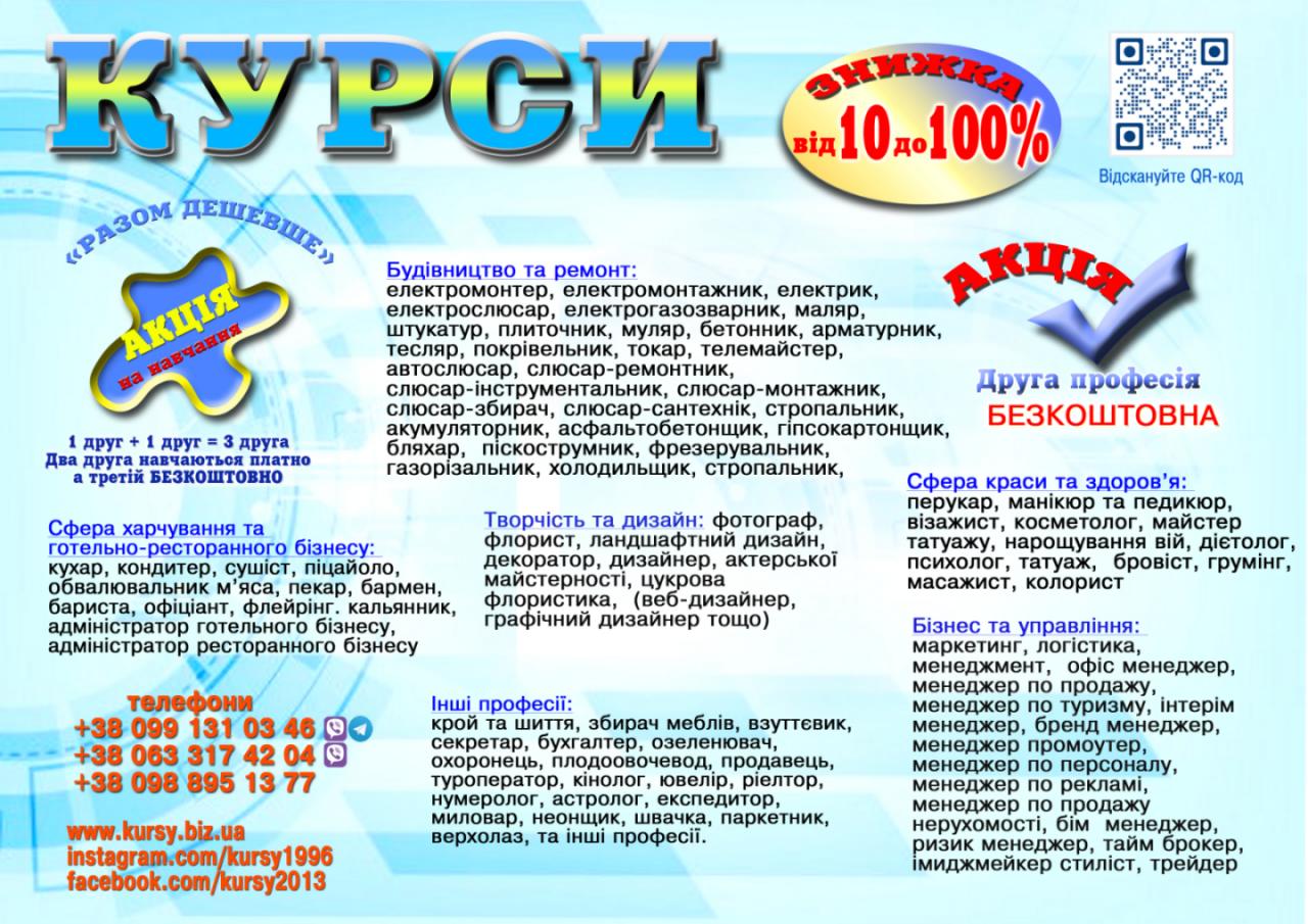 Курси кухаря, електрика, зварника, слюсаря, маляра