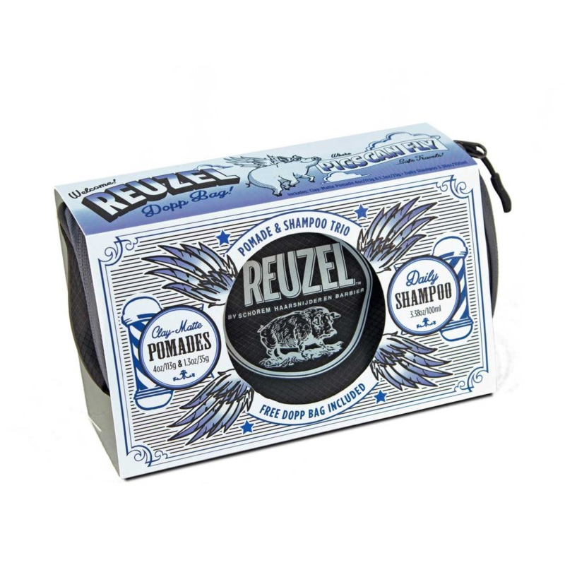 Подарочный Набор Reuzel Pigs Can Fly Dopp Bag Clay Matte Pomade (113g + 35g) + Daily Shampoo 100 ml