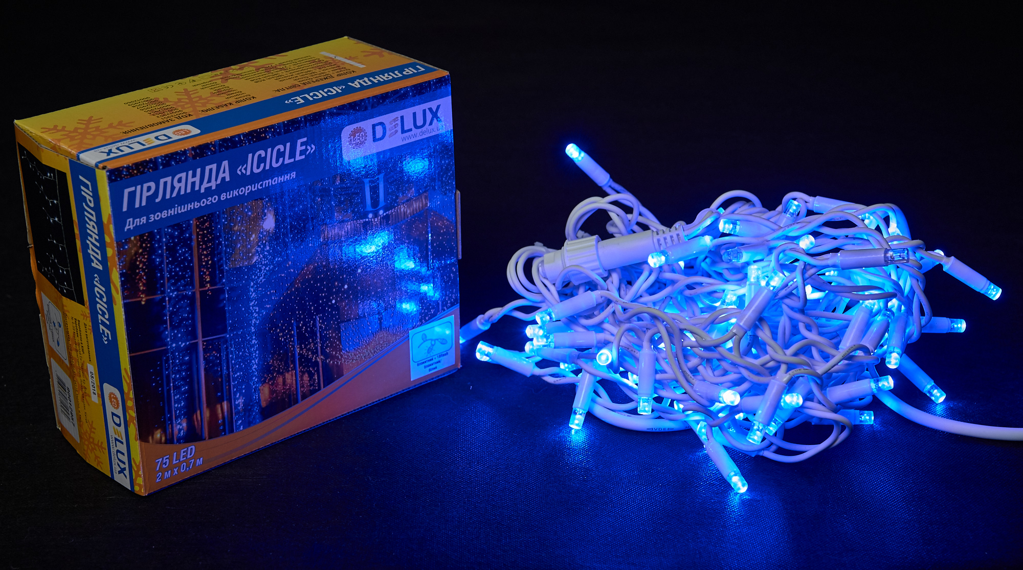 Гірлянда зовнішня DELUX ICICLE 75 LED бахрома 2x0,7m 18 flash синій/білий IP44 EN