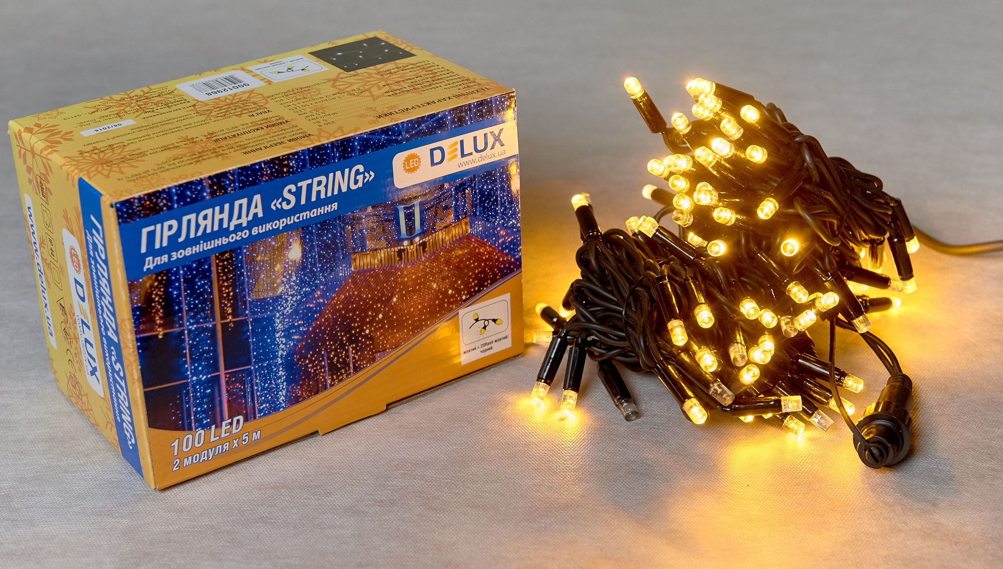 Гірлянда зовнішня DELUX STRING 100 LED нитка 10m (2x5m) 20 flash жовтий/чорний IP44 EN