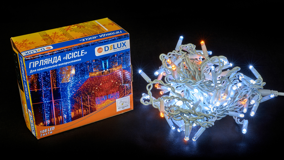 Гірлянда зовнішня DELUX ICICLE 108 LED бахрома 2x1m 27 жовтий flash білий/білий IP44 EN