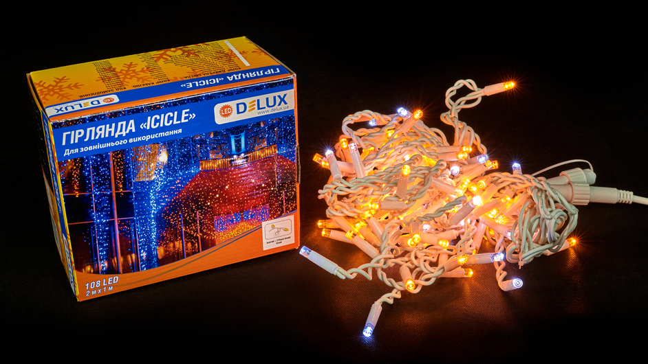 Гірлянда зовнішня DELUX ICICLE 108 LED бахрома 2x1m 27 білий flash жовтий/білий IP44 EN