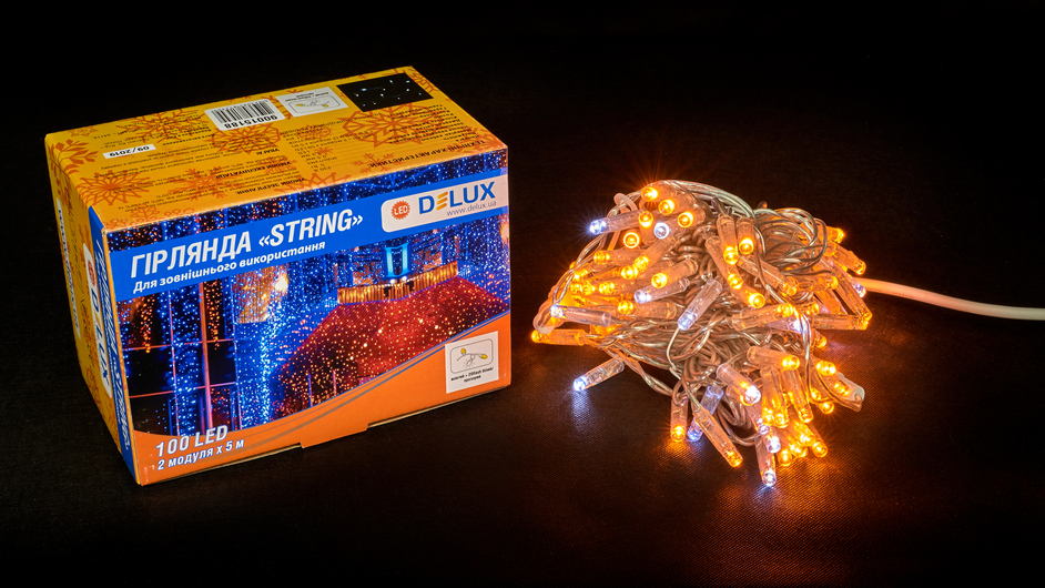 Гірлянда зовнішня DELUX STRING 100 LED 10m (2x5m) flash жовтий/прозорий IP44 EN