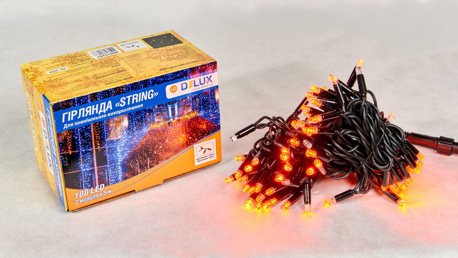 Гірлянда зовнішня DELUX STRING 100 LED нитка10m (2x5m) 20 flash бурштиновий/чорний IP44 EN