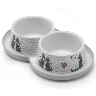 Двойная пластиковая миска для котов Moderna Double Trendy Dinner Cats in Love H136027CL 10 см 2х350 мл белая