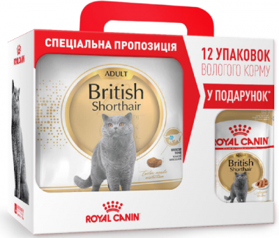 Набор корм Royal Canin British Shorthair Adult для котов породы британская короткошерстная от 12 месяцев 4 кг + 12 паучей