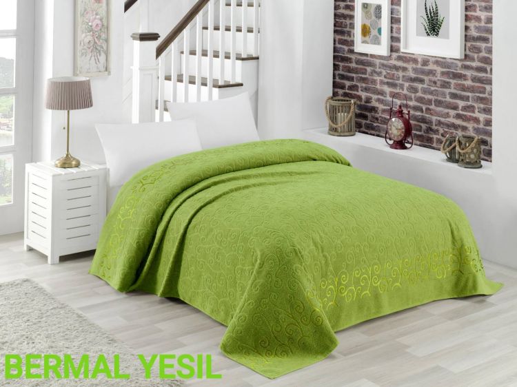 Махровая двухсторонняя зеленая простынь Bermal yesil