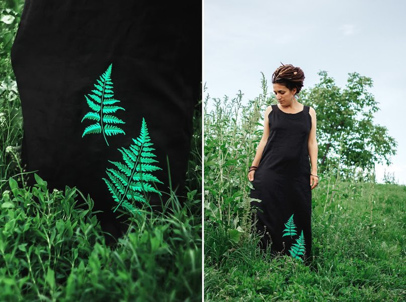 Льняное летнее платье "В поисках папоротника" вышивка, ручная работа