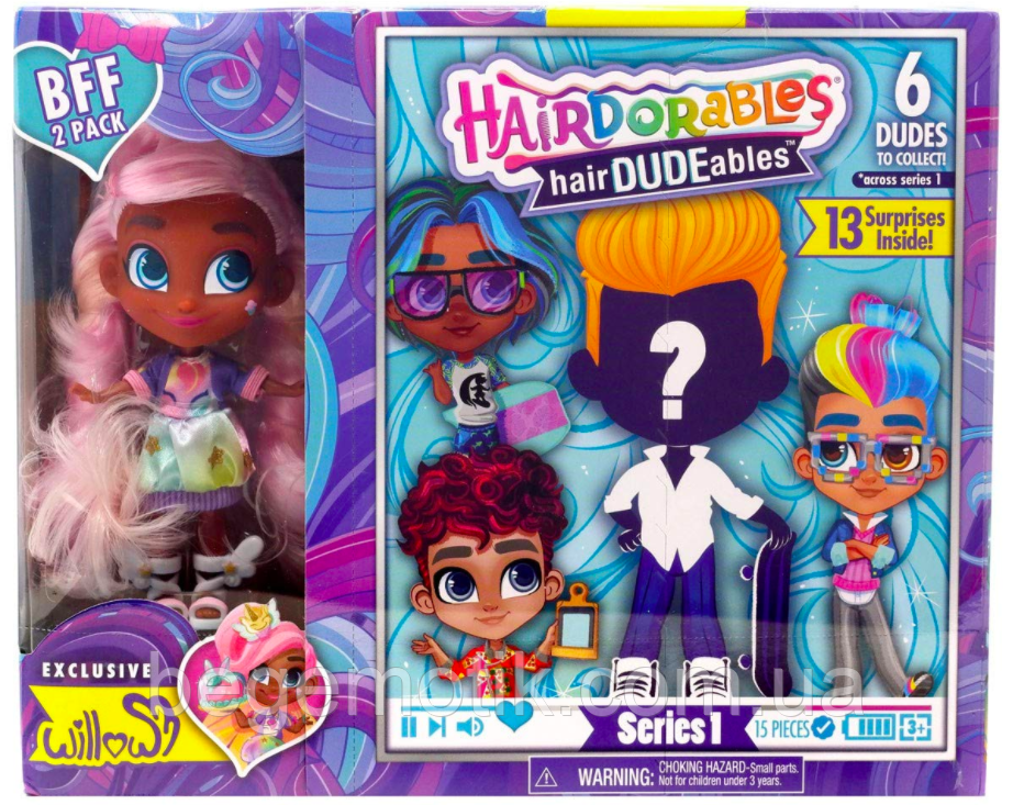 Hairdorables Хердораблес мальчик и девочка Единорожка Виллоу DUDEables Collectible Dolls WILLOW- Series 1