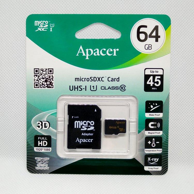 Карта памяти microSD 64Gb Apacer Class 10 с адаптером