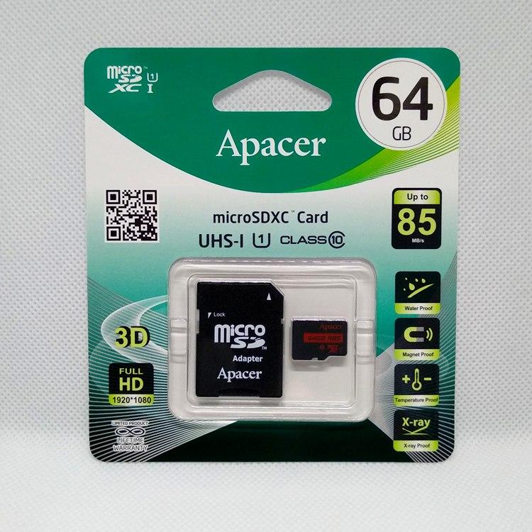 Карта памяти microSD 64Gb Apacer Class 10 с адаптером 85 Мб/с