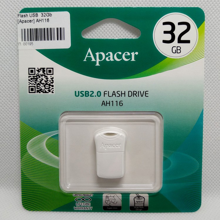Флешка USB 2.0 mini, 32Gb, Apacer AH116, белая