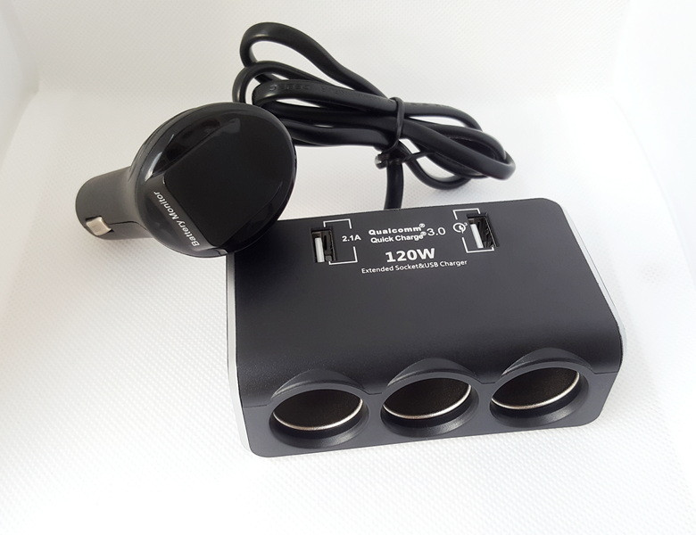 В прикуриватель разветвитель Olesson 1639 с вольтметром и USB Quick Charge 3.0