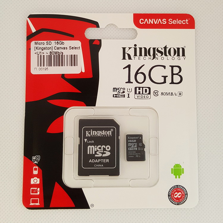 Карта памяти microSD 16Gb Class 10 Kingston с адаптером