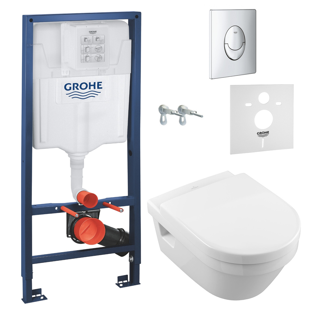 Подвесной унитаз VILLEROY &amp; BOCH ARCHITECTURA Directflush + инсталяция Grohe + кнопка Skate Air