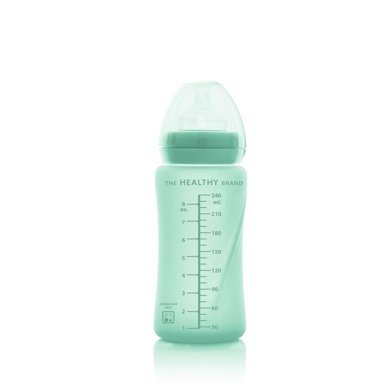 Стеклянная детская бутылочка с силиконовой защитой Everyday Baby 240 мл. Цвет мятный