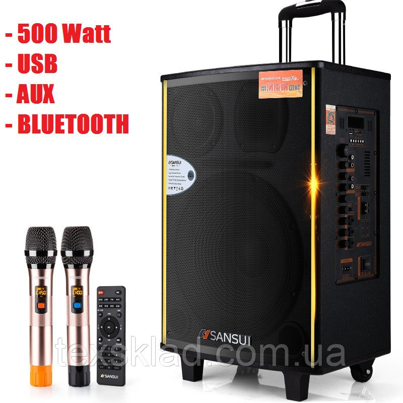 Мощная аккумуляторная колонка Большая с микрофонами Sansui SA1-15W 500W (USB/Bluetooth/Пульт ДУ)