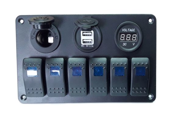 Панель управления на лодку на 6-ть клавишей (ON / OF), 2 USB по 3.1 А, вольтметр, гнездо 12 Вольт. С подсветкой.