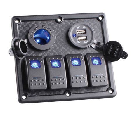 Купить Панель управления катером на 4-е клавиши (ON / OF), 2 USB, гнездо 12 Вольт. С синей подсветкой.