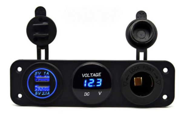 USB панель + Прикуриватель + Вольтметр. Два USB гнезда: 1А и 2,1А. 5В. Индикатор питания.