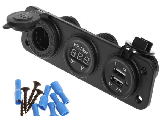 USB панель + Прикуриватель + Вольтметр с крышкой. Два USB гнезда: 1А и 2,1А. 5В. Индикатор питания.