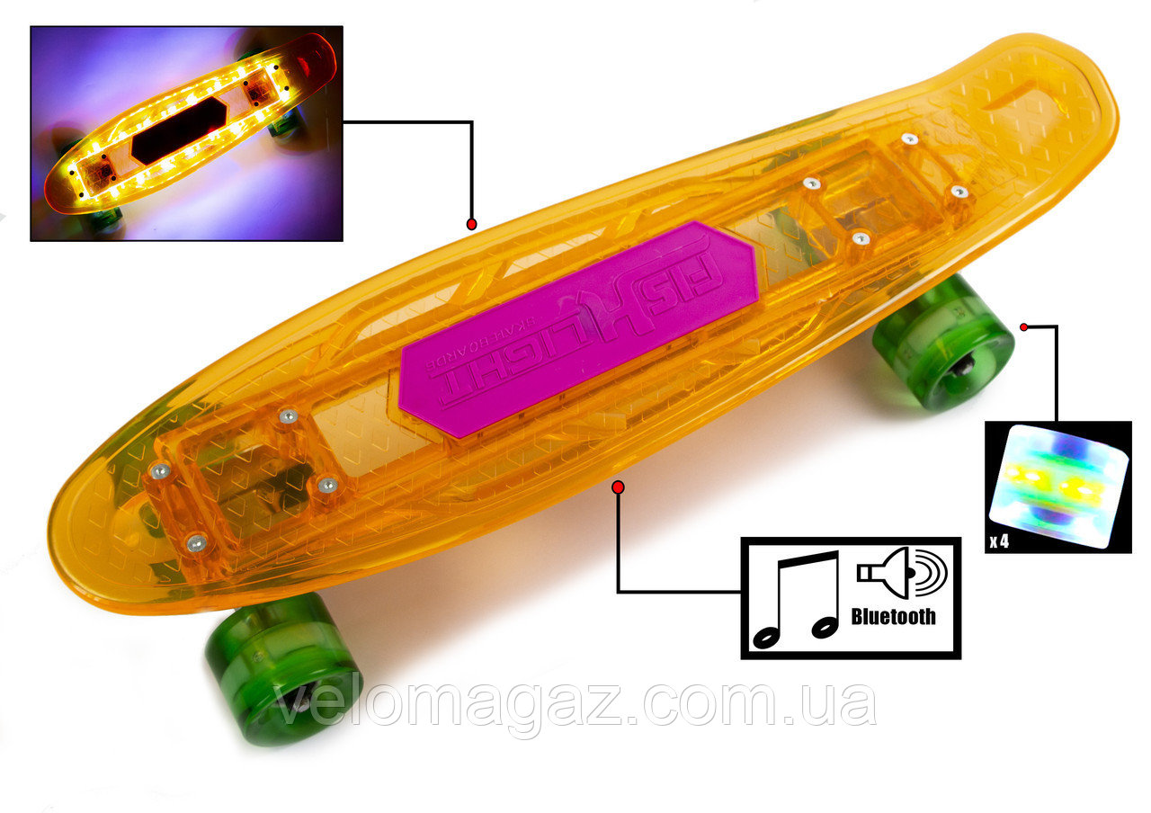 Penny "Fish Skateboard Original" Orange. Музыкальная и светящаяся дека! Bluetooth/Micro SD