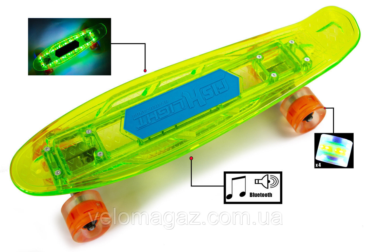Penny "Fish Skateboard Original" Green. Музыкальная и светящаяся дека! Bluetooth/Micro SD