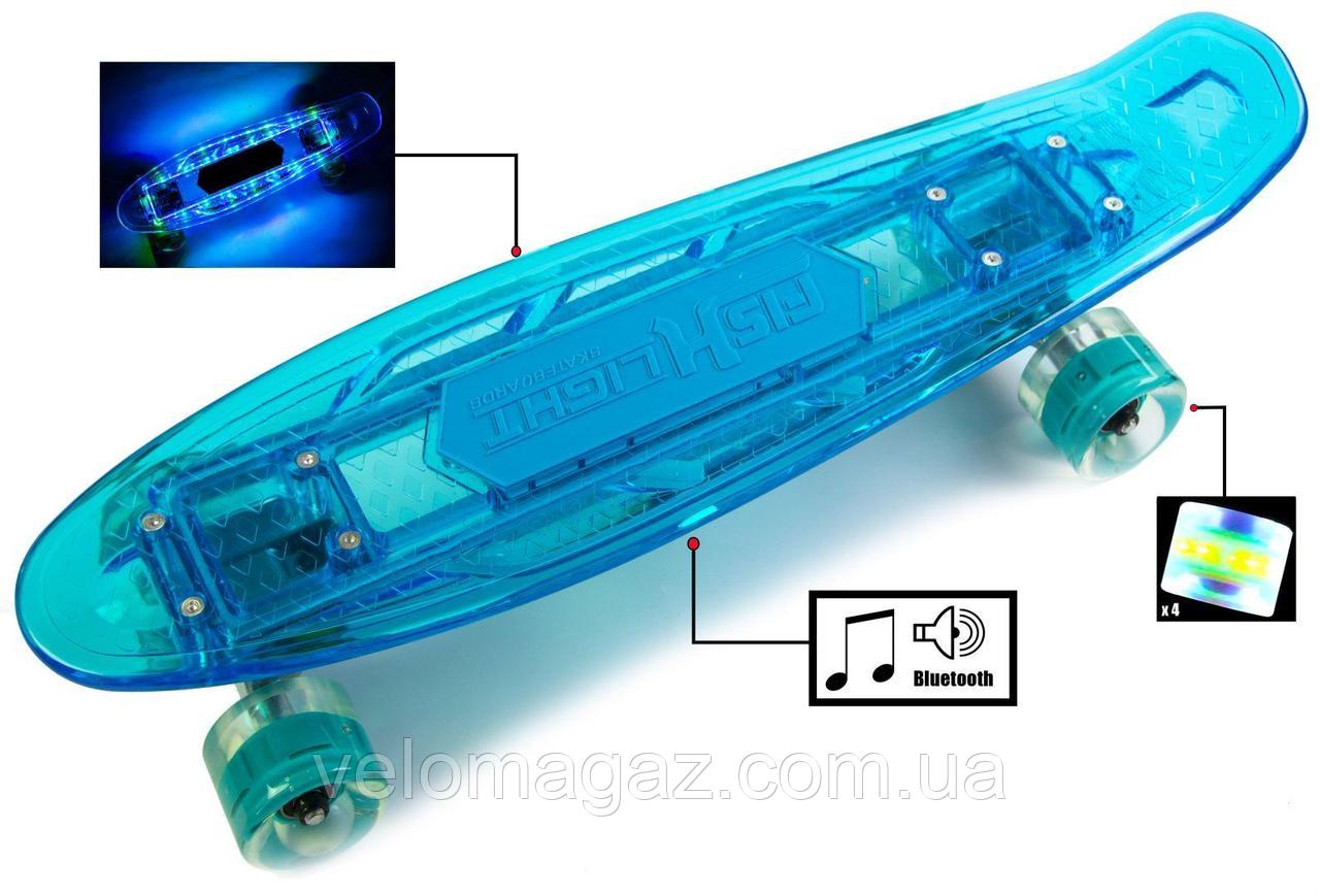 Penny "Fish Skateboard Original" BLUE. Музыкальная и светящаяся дека! Bluetooth/Micro SD