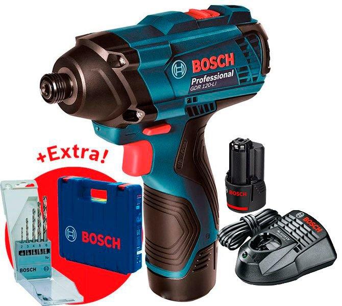 Аккумуляторный гайковерт Bosch GDR 120-LI + з/у AL 1115 CV + 2акб GBA 12V 1.5 Ah + набор сверл + чемодан (06019F0005)