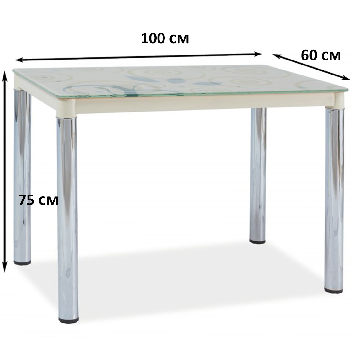 Стол кухонный кремовый Signal Damar II 100x60см стеклянный с рисунком и хромированными ножками Польша
