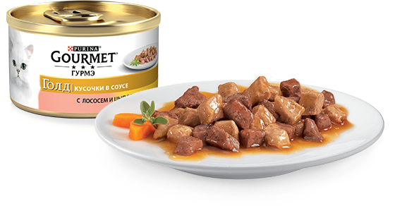 Консервы для кошек Gourmet Gold ( Гурмэ голд) кусочки в соус с лососем и цыпленком 85 г.