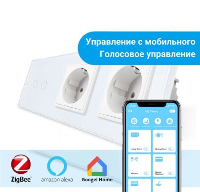 Сенсорный Wi-Fi выключатель Livolo ZigBee 2 канала с двумя розетками белый стекло (VL-C702Z/C7C2EU-11)
