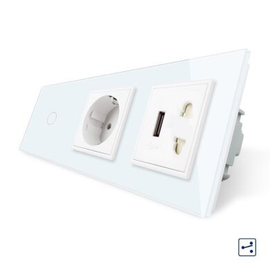 Сенсорный проходной выключатель розетка с заземлением USB Livolo цвет белый стекло (VL-C701SC1EU1USBC1A-11)