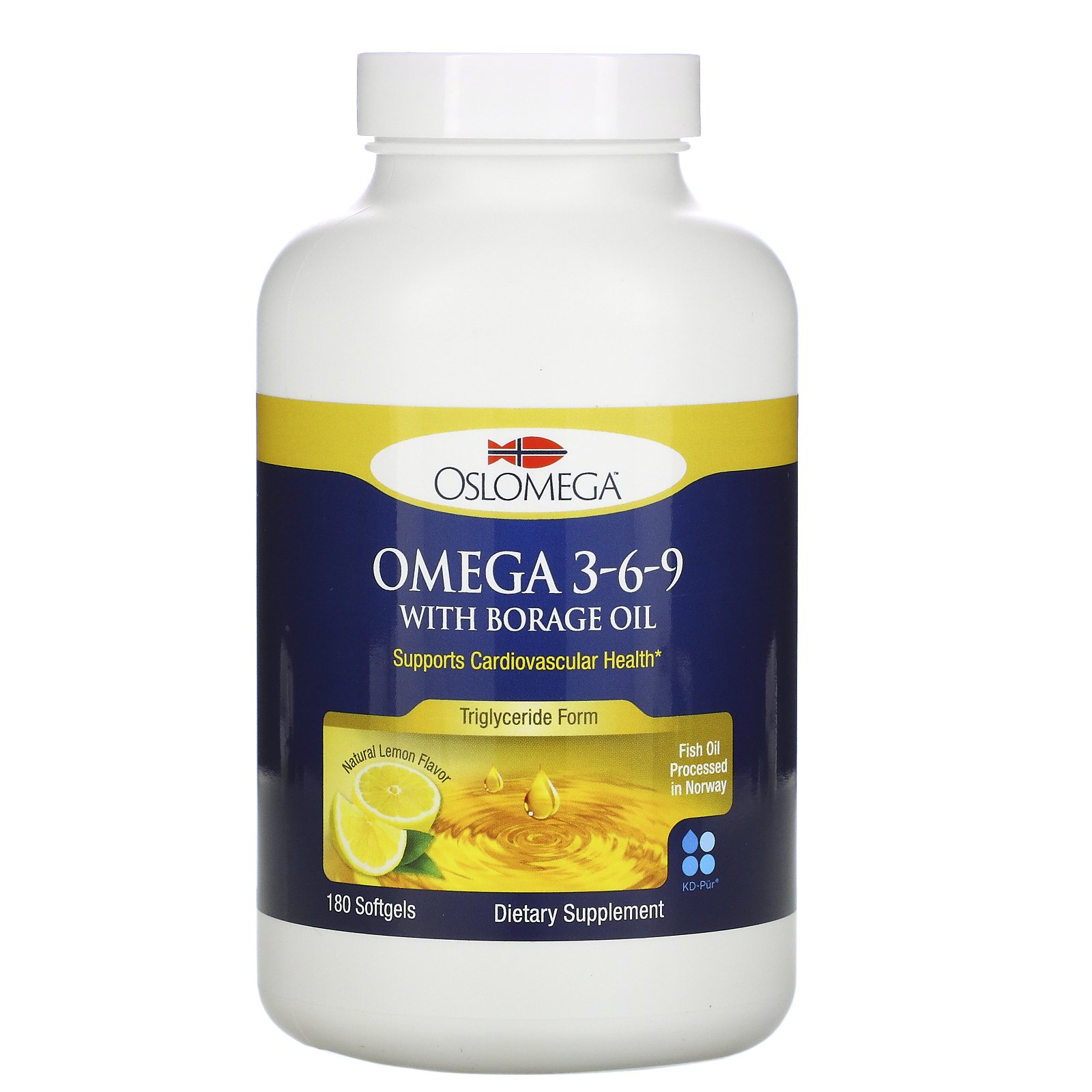 Oslomega, Norwegian Omega 3-6-9 with Borage Oil, Lemon Flavor, 180 Fish Gelatin Softgels