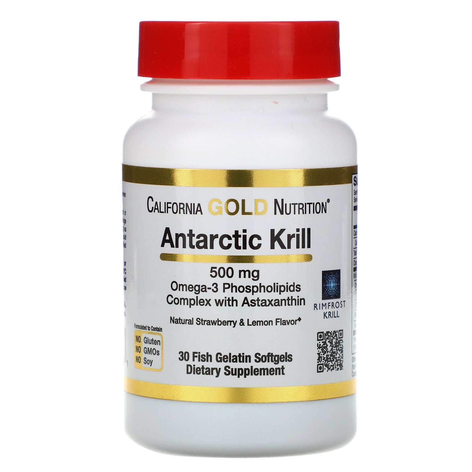 California Gold Nutrition, Antarctic Krill Oil, with Astaxanthin, RIMFROST, Natural Strawberry &amp; Lemon Flavor, 500 mg, 30 Fish Gelatin Softgels