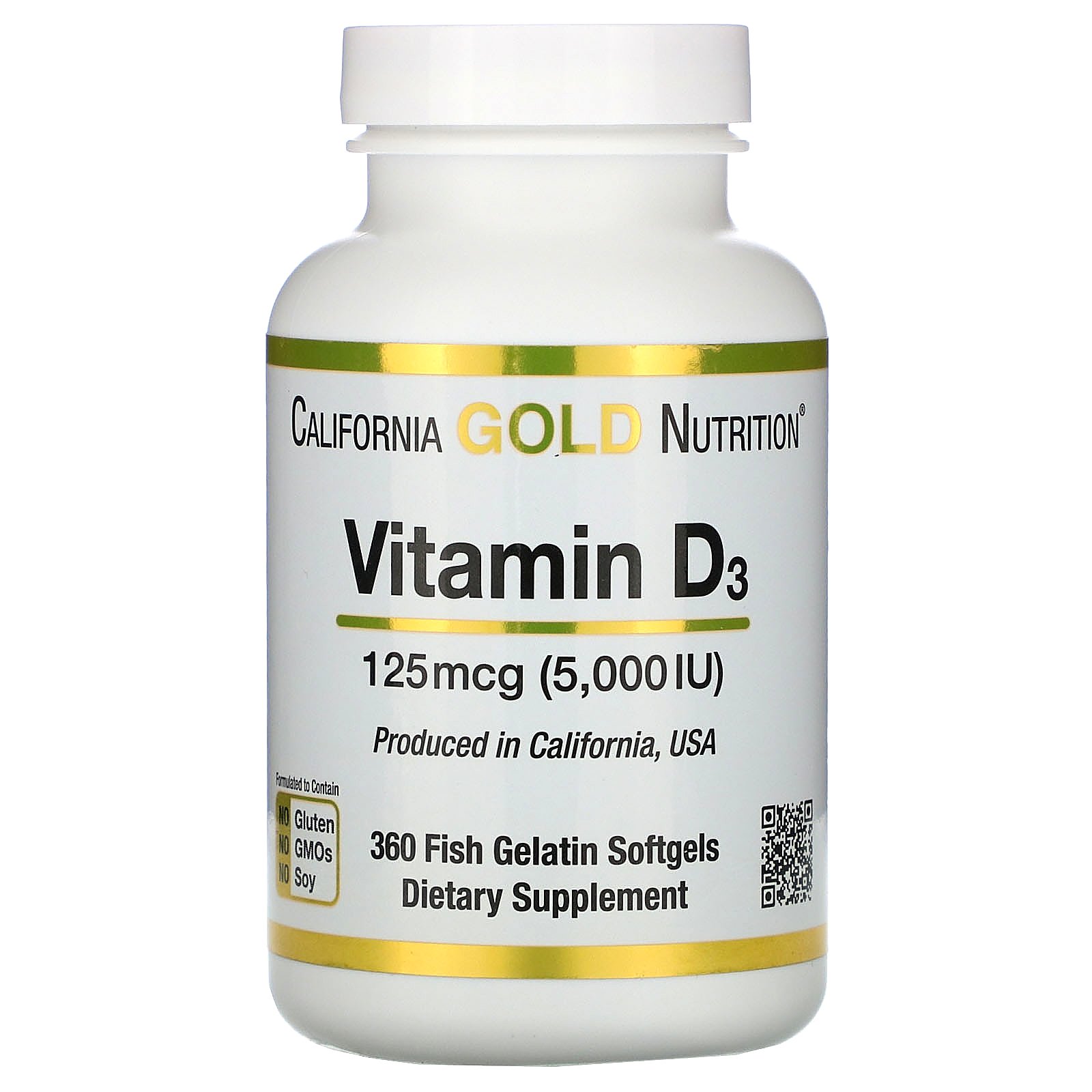 California Gold Nutrition, Vitamin D3, 125 mcg (5,000 IU), 360 Fish Gelatin Softgels