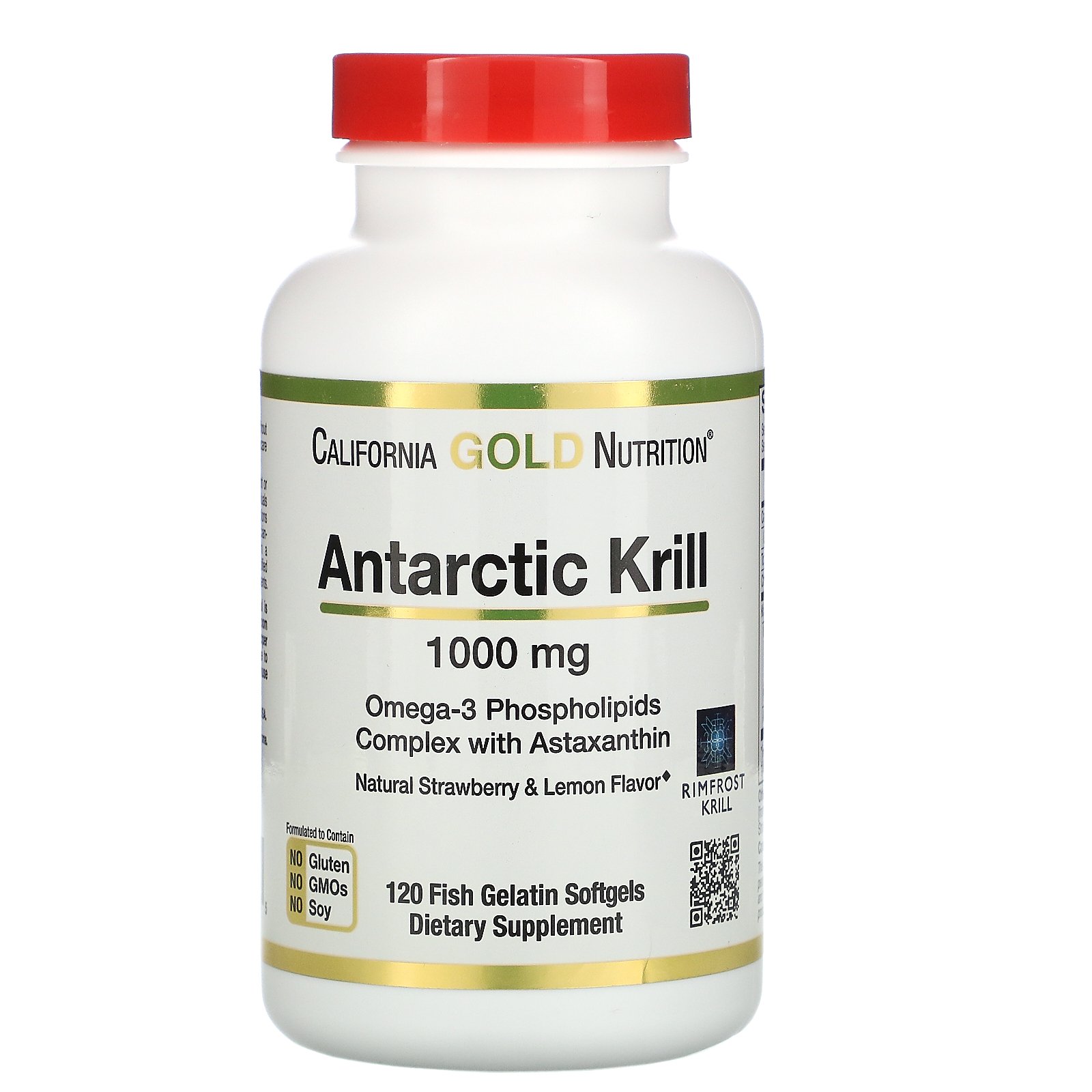 California Gold Nutrition, Antarctic Krill Oil, with Astaxanthin, RIMFROST, Natural Strawberry &amp; Lemon Flavor, 1,000 mg, 120 Fish Gelatin Softgels