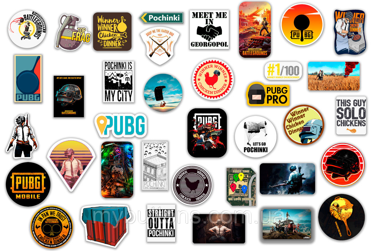 Стикерпак PUBG эксклюзивно от Mybuttons.com.ua (37 шт) 6.5 см