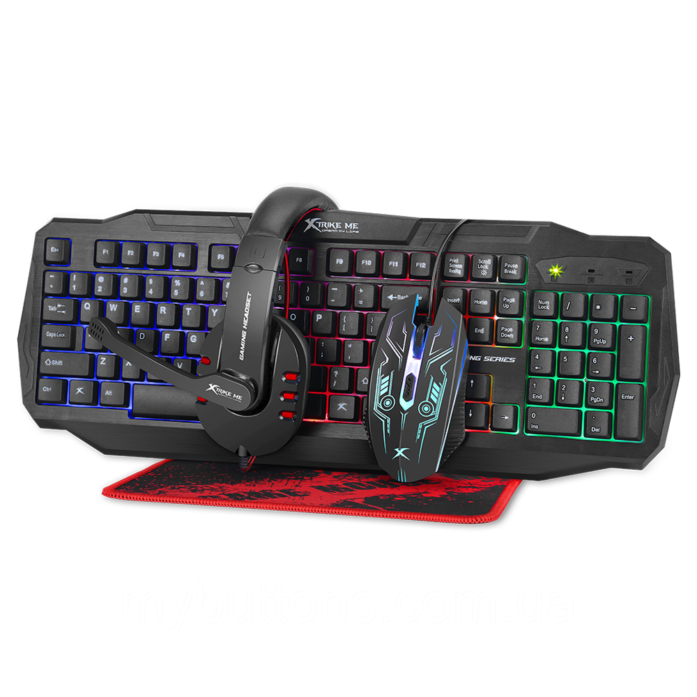 Игровой набор Gaming Starter Kit 4в1 клавиатура (ENG раскладка) + мышь + наушники + коврик + XTRIKE ME CM-406