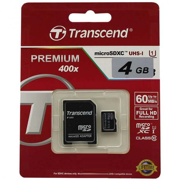 Карта памяти micro-SD Transcend 4GB class 10 + SD адаптер