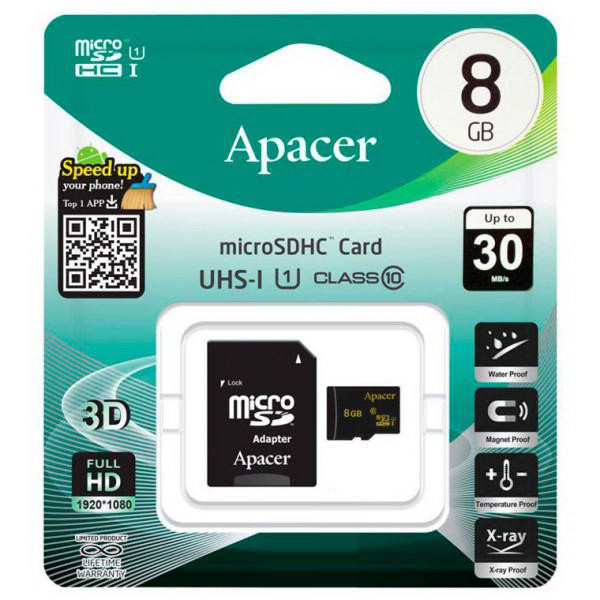 Карта памяти micro-SD Apacer 8Gb class 10 + SD адаптер