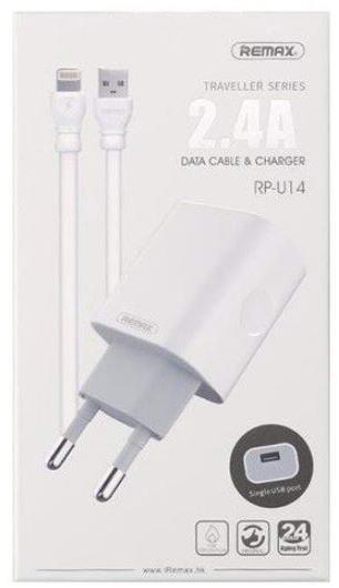 Зарядное устройство Remax RP-U14i Traveller 2.4A 1USB + кабель Lightning 220V Белый (евровилка)