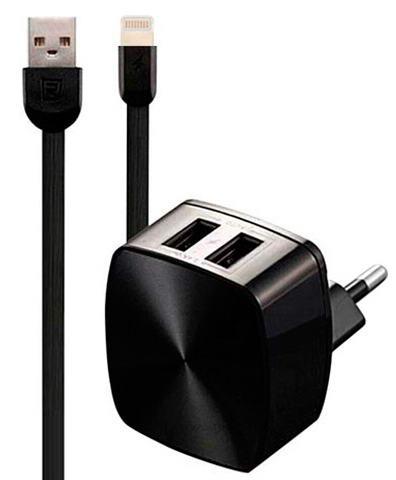 Зарядное устройство Remax RP-U215i 2.4A 2USB + кабель Lightning 220V Черный (евровилка)
