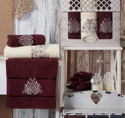 Набор полотенец Gulcan Damask махровые 50-90 см-2 шт,70-140 см-1 шт бордовые