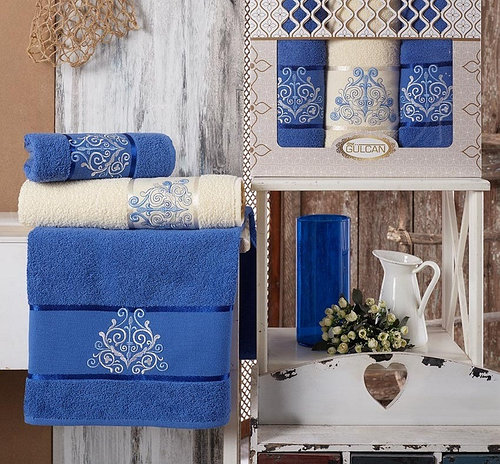 Набор полотенец Gulcan Damask махровые 50-90 см-2 шт,70-140 см-1 шт синие