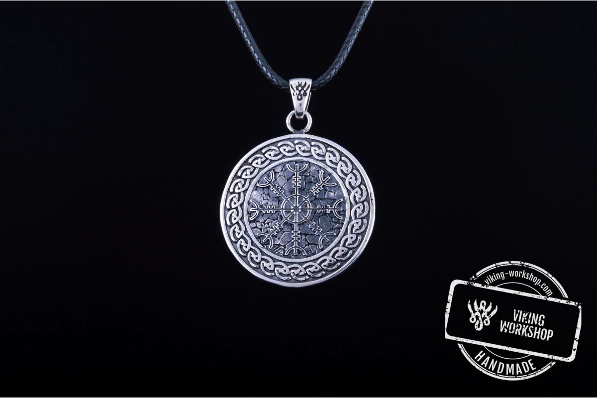Helm of Awe Symbol with Viking Ornament Pendant Sterling Silver Pagan Jewelry