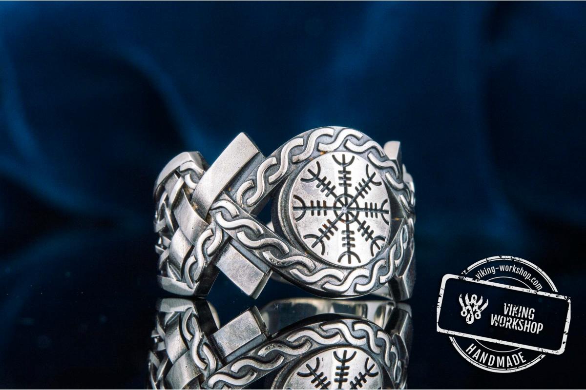 Helm of Awe Symbol with Norse Ornament Ring Sterling SIlver Viking Jewelry