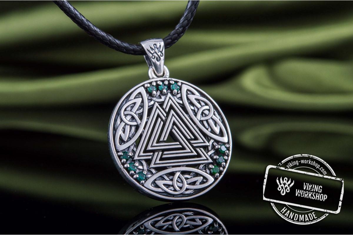 Norse Pendant with Valknut Symbol and Cubic Zirconia Sterling Silver Handmade Jewelry