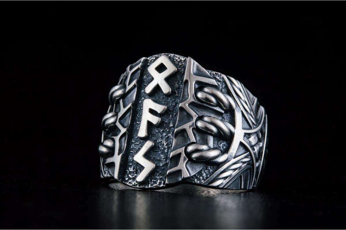 Ring with Scandinavian Runes Sterling Silver Unique Handmade Jewelry