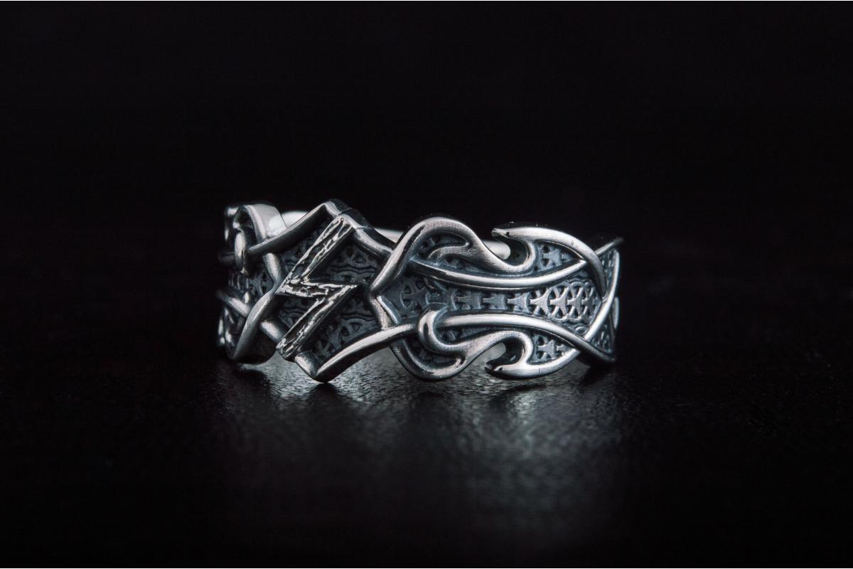Ring with Sowelu Rune and Norse Ornament Sterling Silver Viking Jewelry
